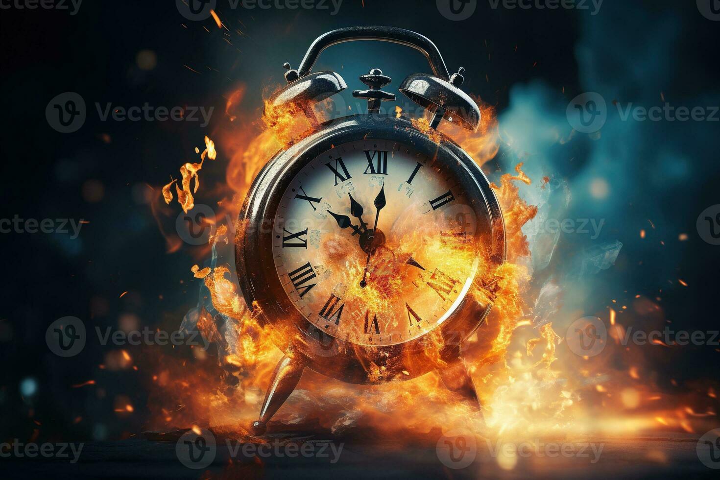 AI generated Alarm clock on fire background. Time is running out concept. photo