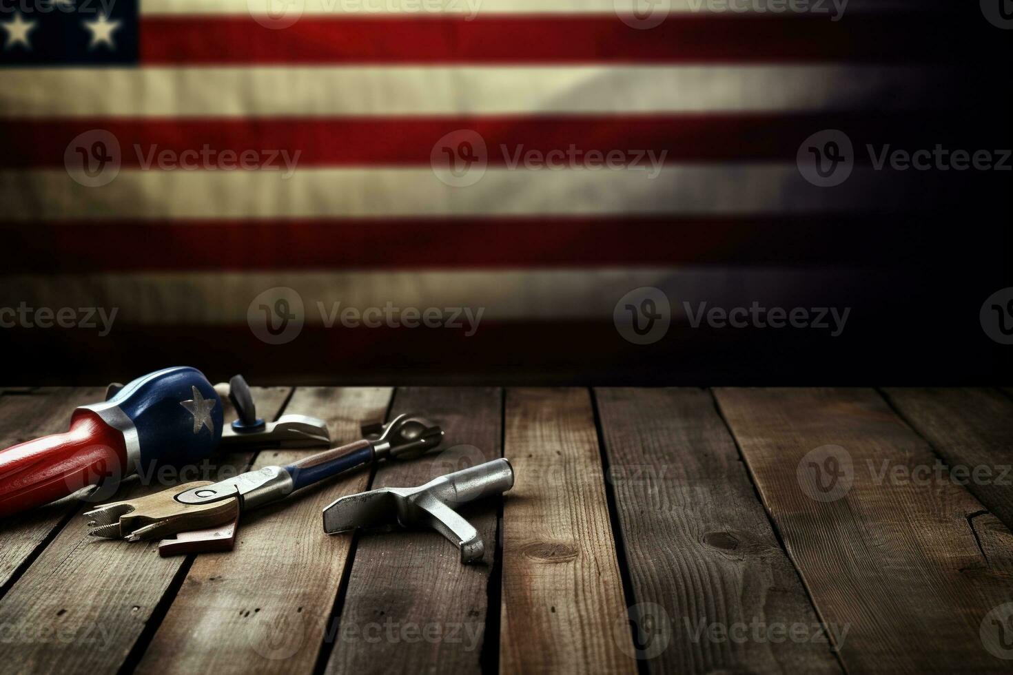 AI generated tools on a wooden table against the background of the American flag photo