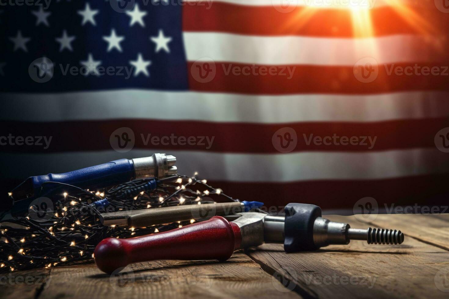 AI generated tools on a wooden table against the background of the American flag photo
