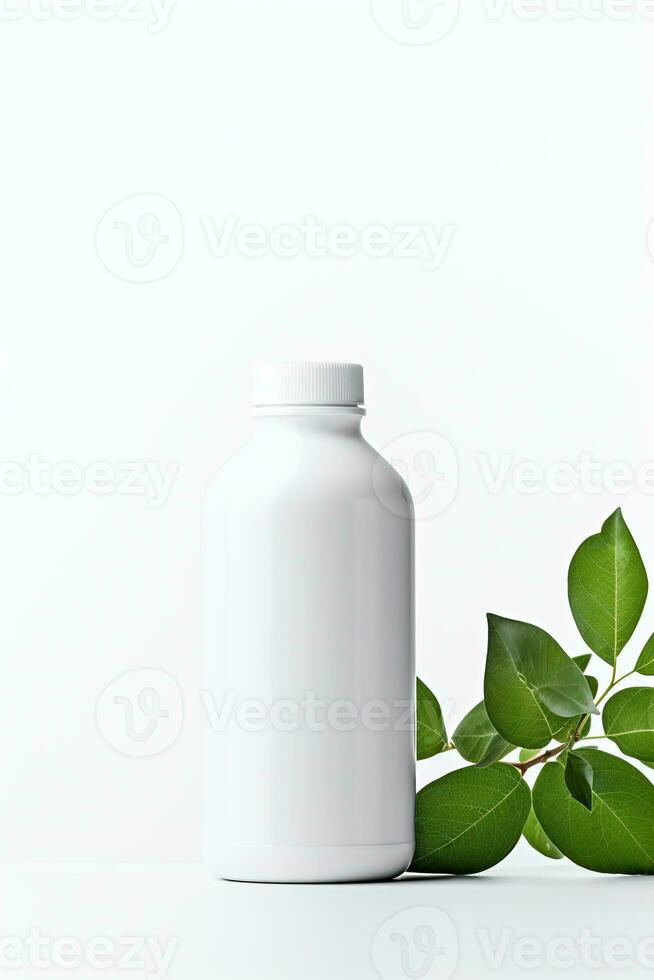 AI generated Blank cosmetic bottle with green leaves on white background photo