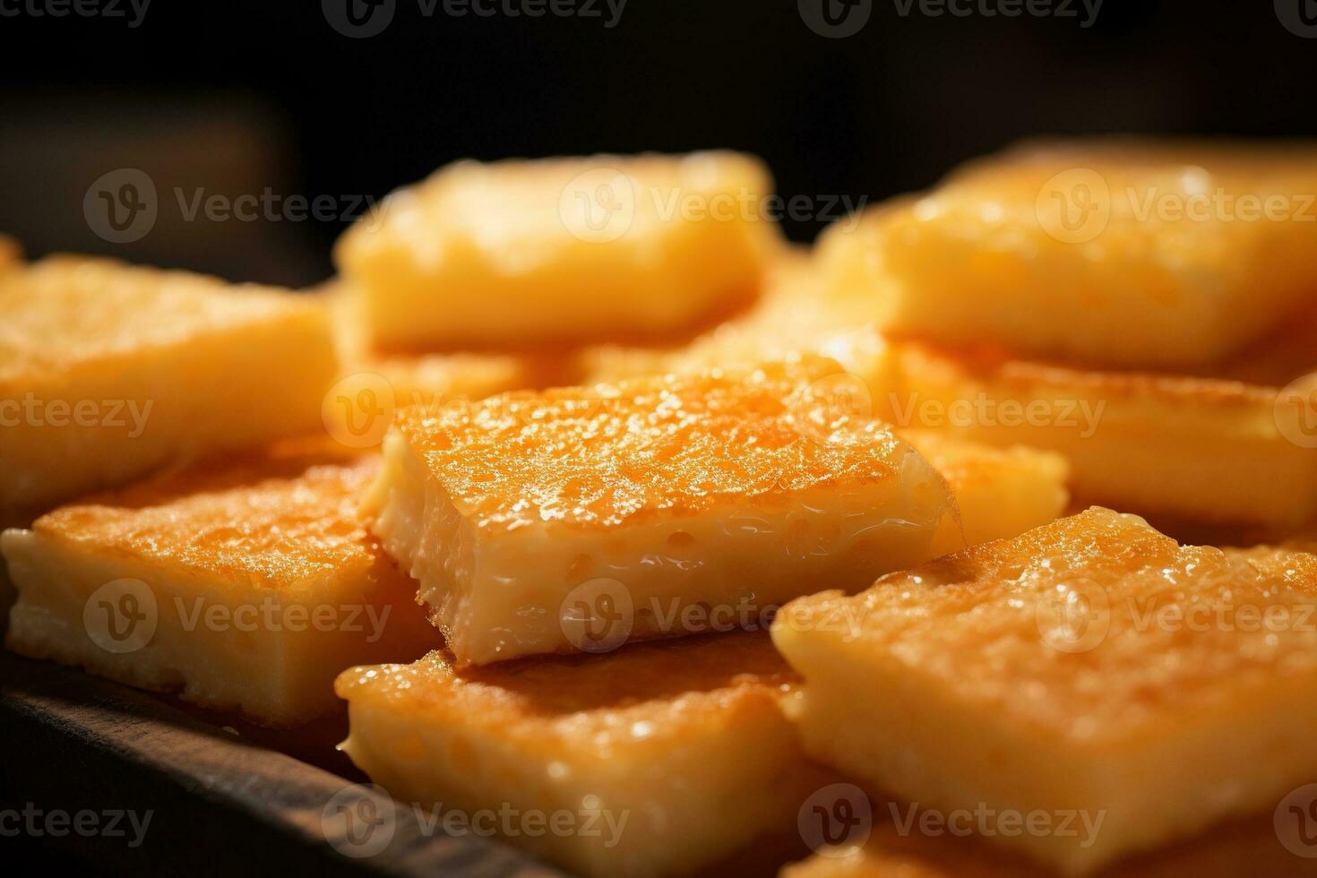 AI generated Close-up of a plate of yellow cheese cubes. photo