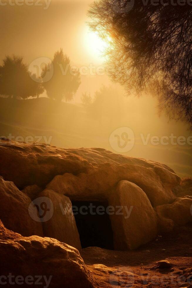 AI generated Sunrise over a megalithic tomb photo