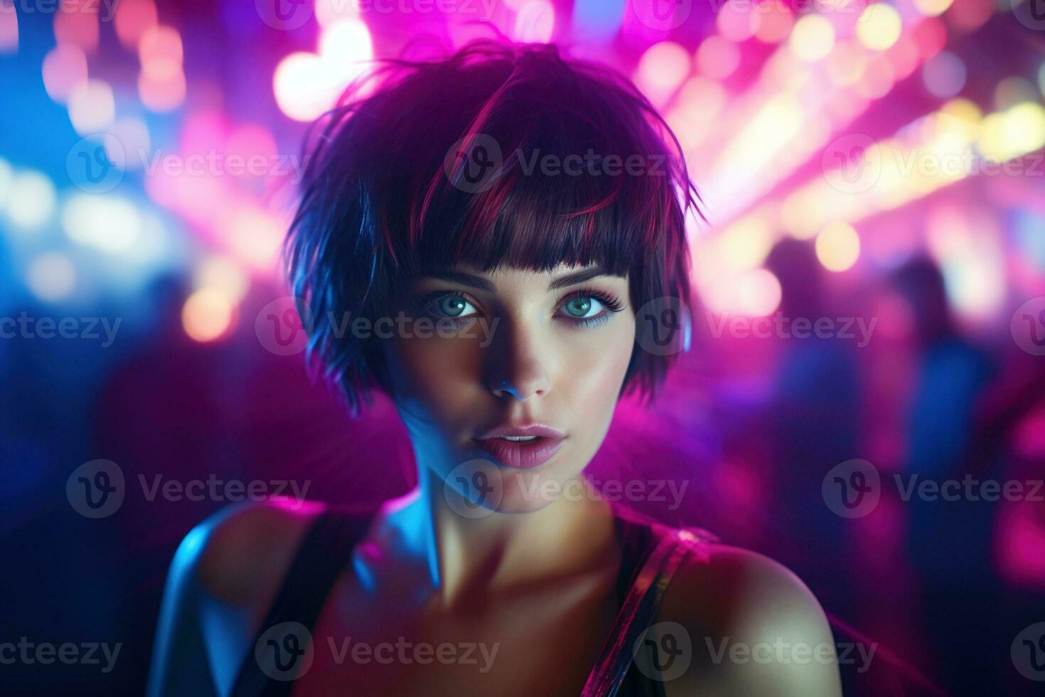 AI generated Portrait of a beautiful girl with short hair dancing in a nightclub photo