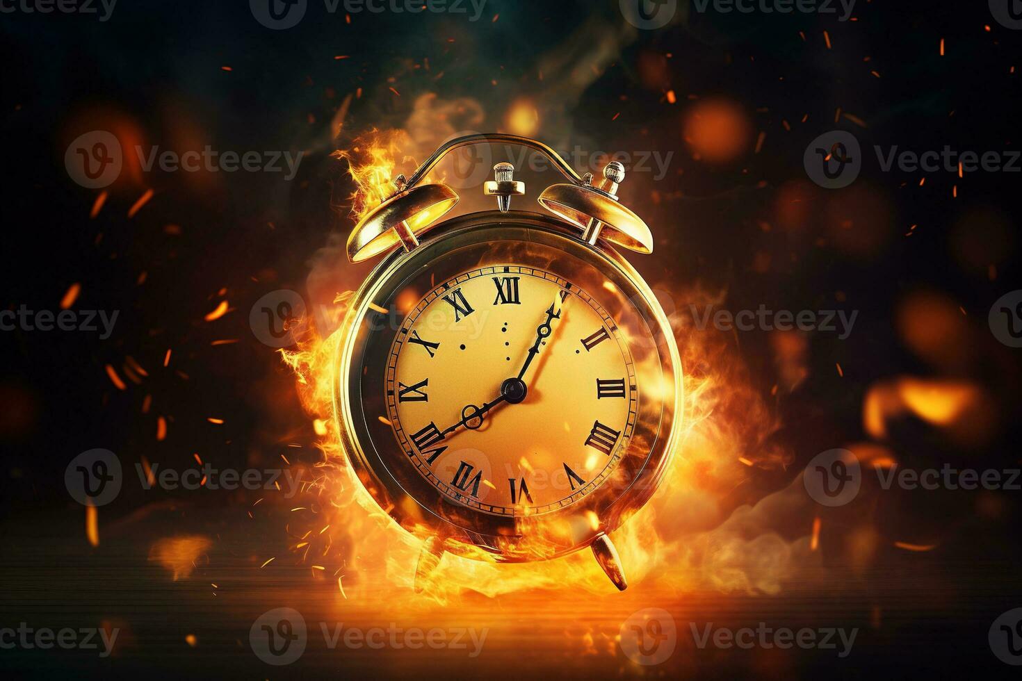 AI generated Alarm clock on fire background. Time is running out concept. photo