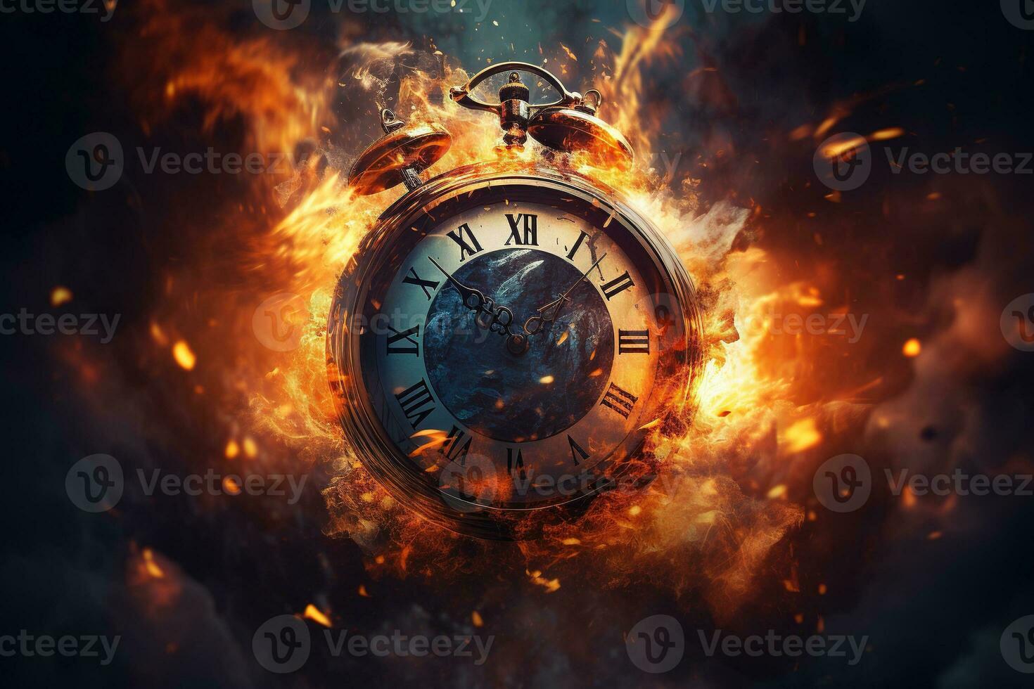 AI generated Alarm clock on fire background. Time is running out concept. photo