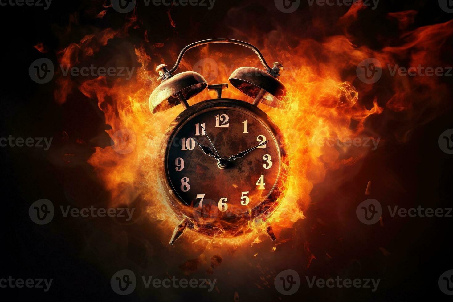 AI generated Alarm clock on fire background. Time is running out concept. photo