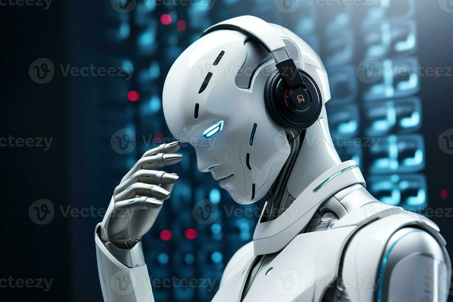 AI generated Robot humanoid working on a computer in a nightclub photo