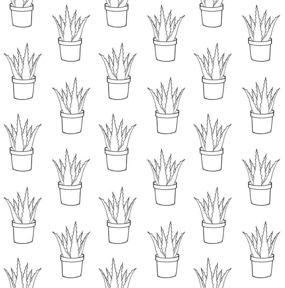 Vector seamless pattern of doodle potted aloe vera