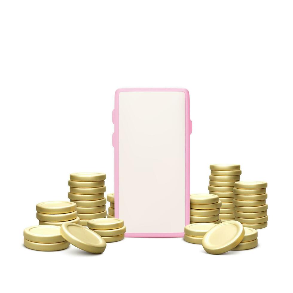 Mobile phone and golden coin stack isolated on white background. Cash back or online banking concept. Vector illustration