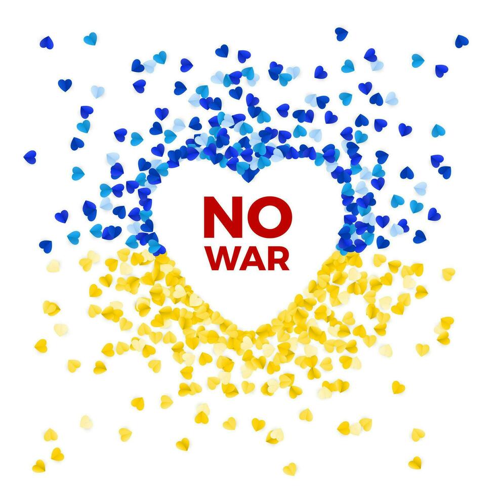 No War template. Blue and yellow Ukraine flag in heart silhouette. Concept of freedom and peace. Stop war and military aggression. Vector illustration