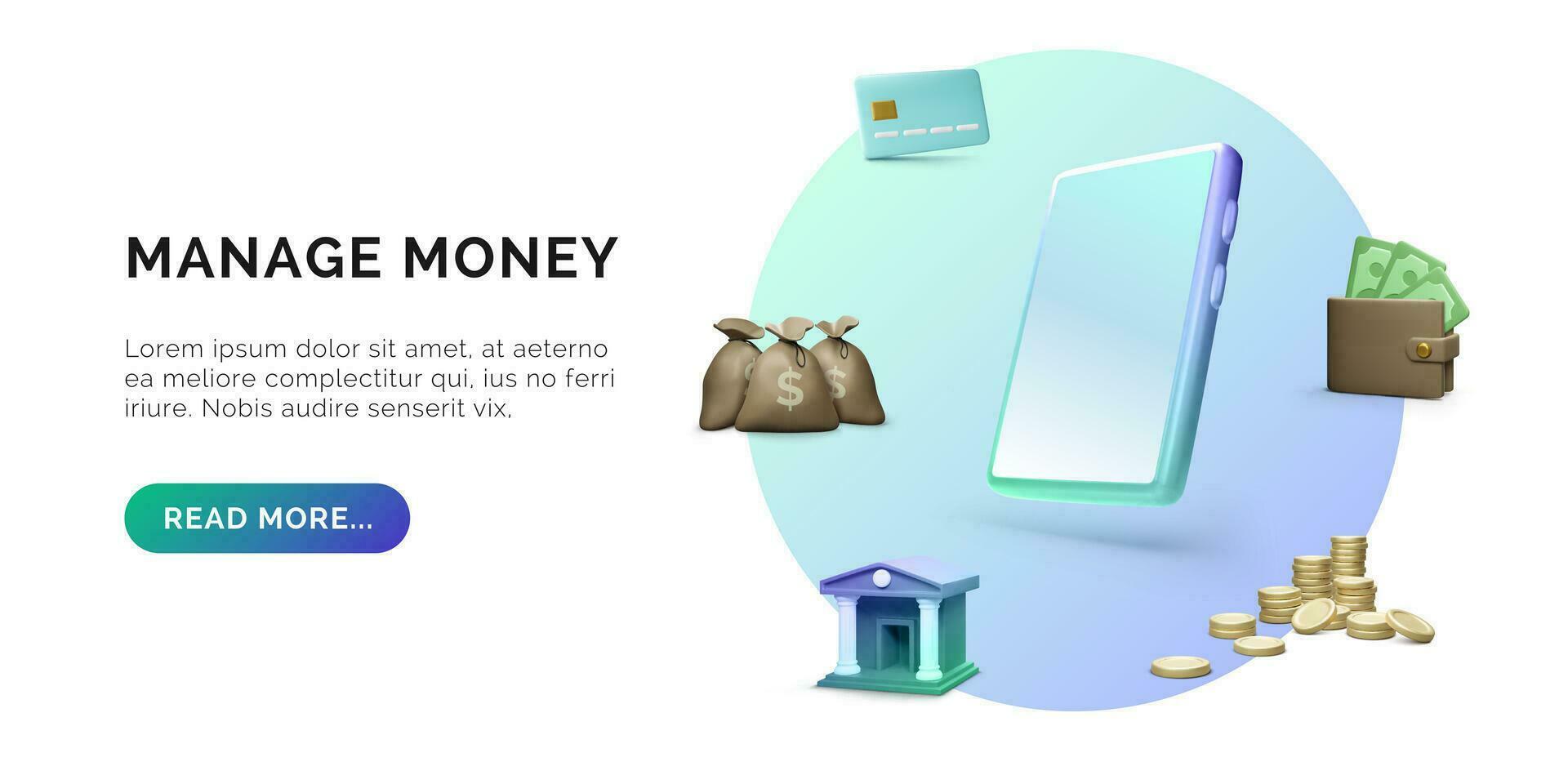 Manage money concept. Realistic 3d bank building and bags with money credit card and coin stacks around mobile phone. Online banking or bank services banner template. Vector illustration