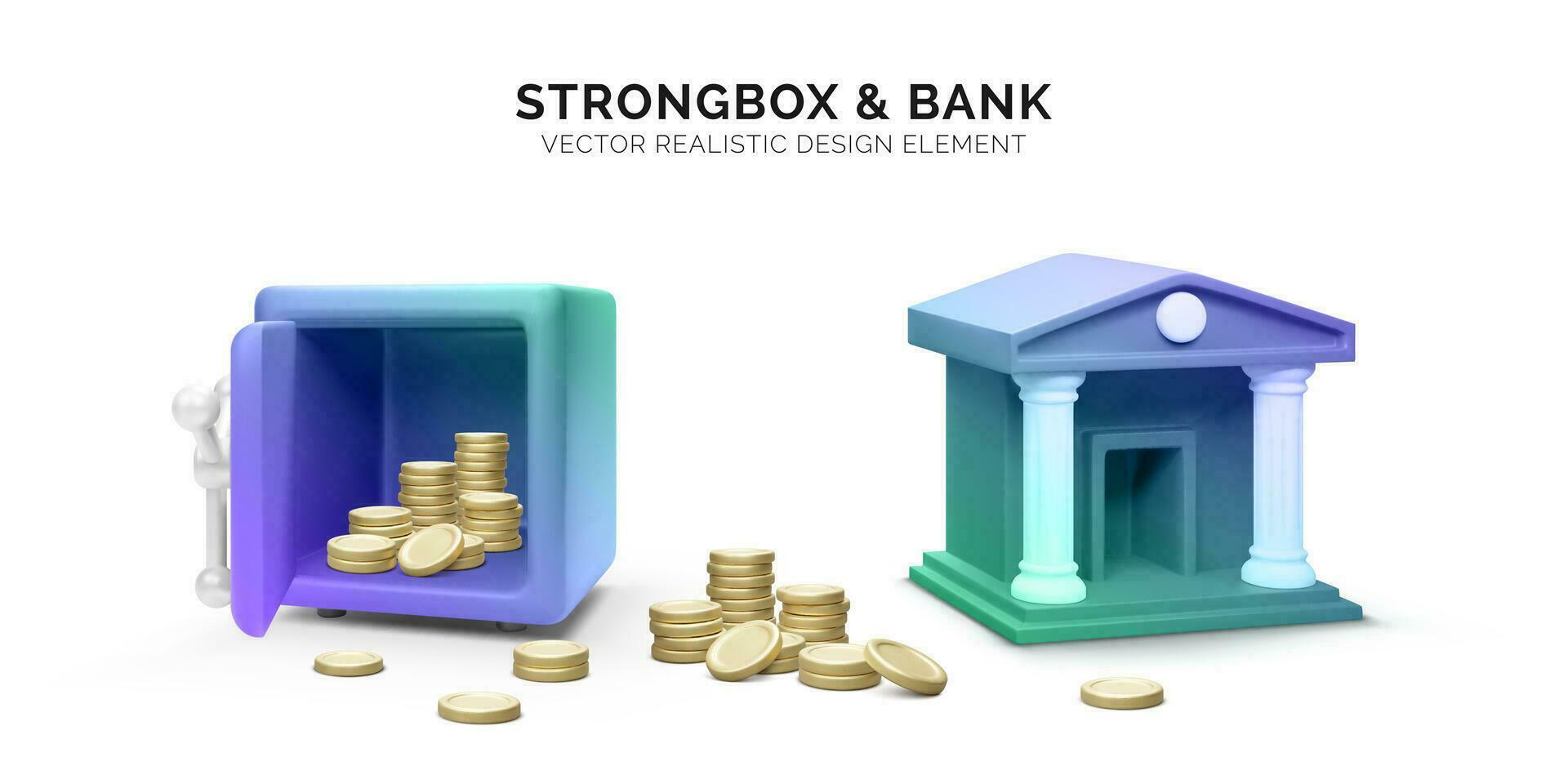 3d bank building and gold with open strongbox. 3d realistic bank icon. Money transaction or savings concept. Vector illustration