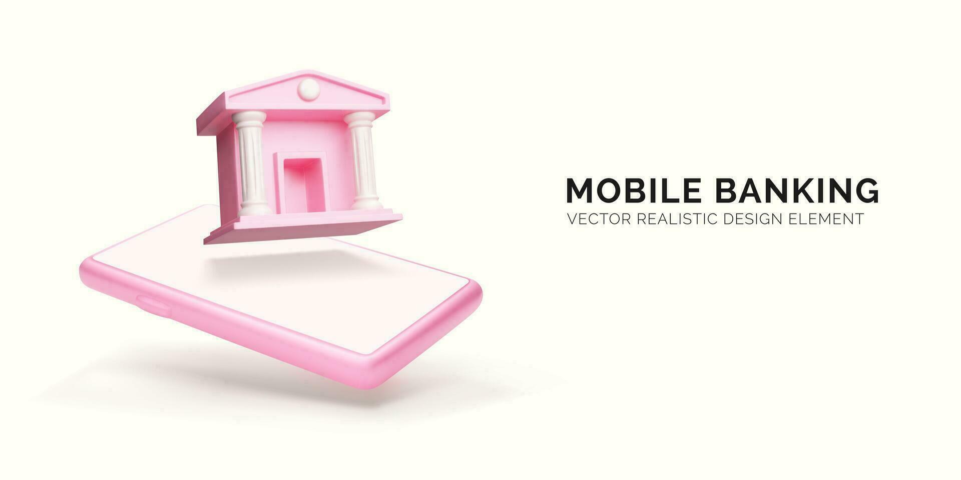 Mobile banking concept in pink colors. 3d realistic business object. Mobile phone and bank architecture on phone screen. Vector illustration