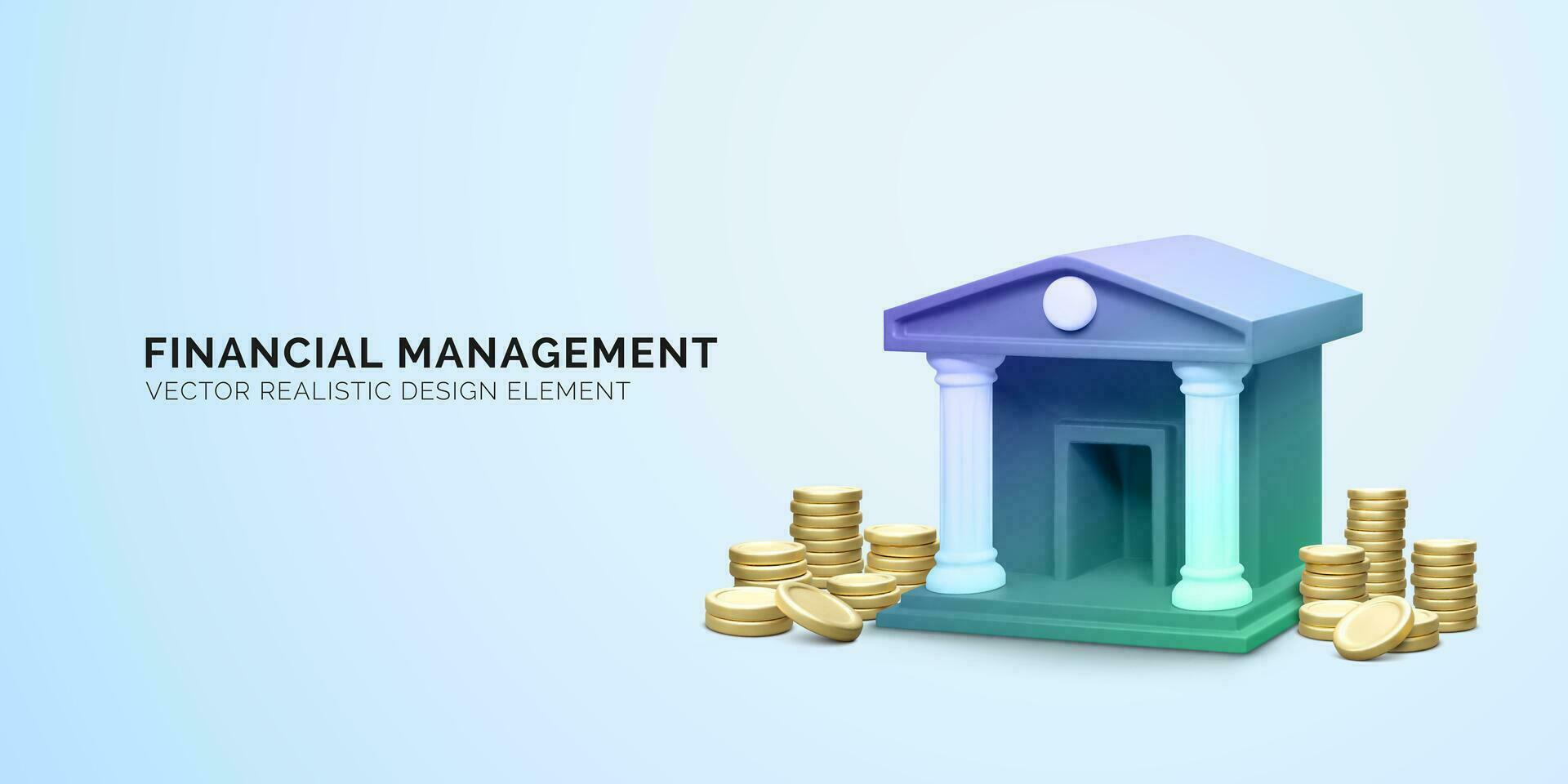 3d bank building and gold coins stacks. 3d realistic bank icon. Money transaction or savings concept. Vector illustration