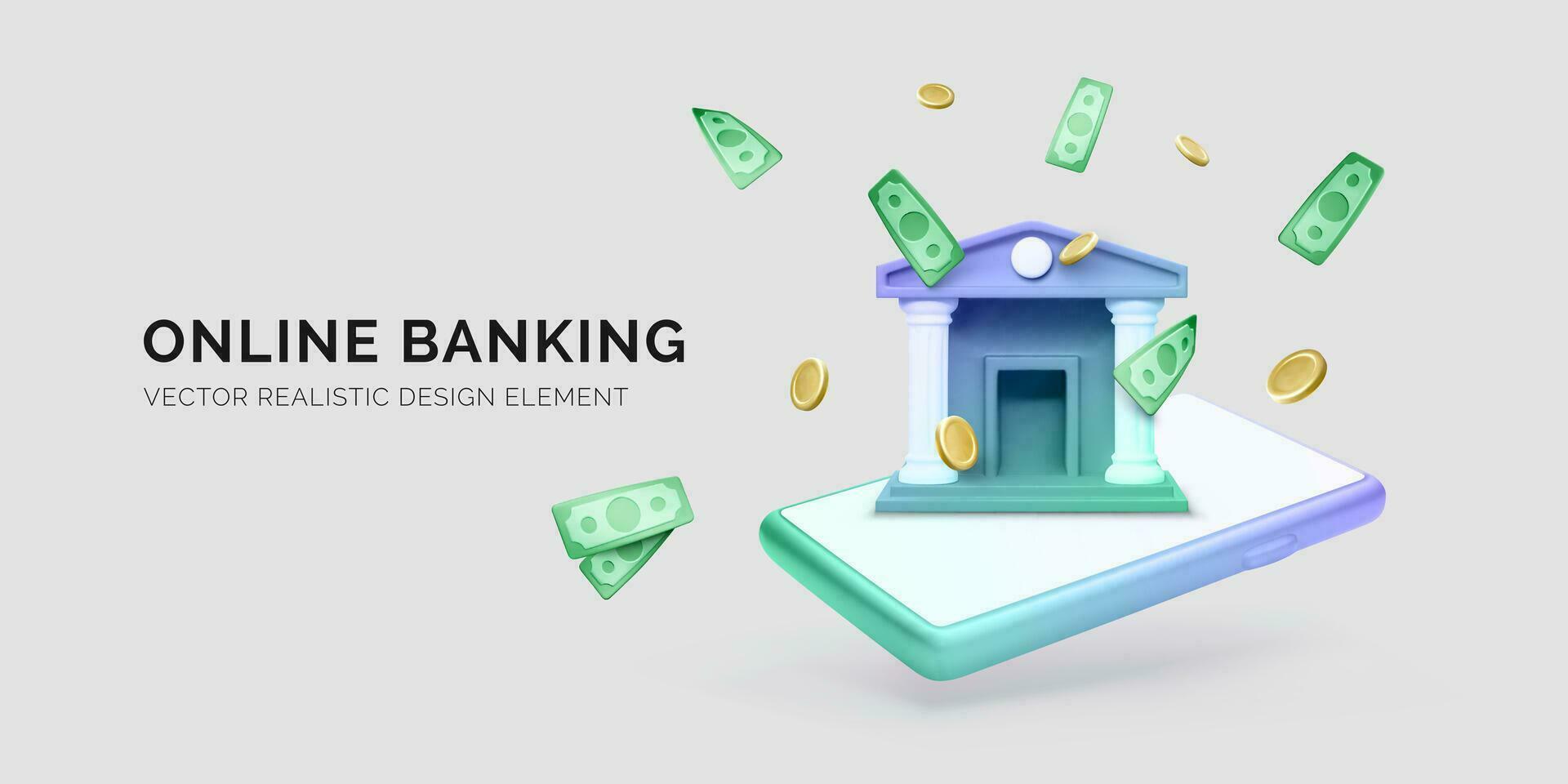 bancario en línea. dinero gestión. móvil teléfono con banco objeto y que cae dinero en dibujos animados realista estilo. vector ilustración