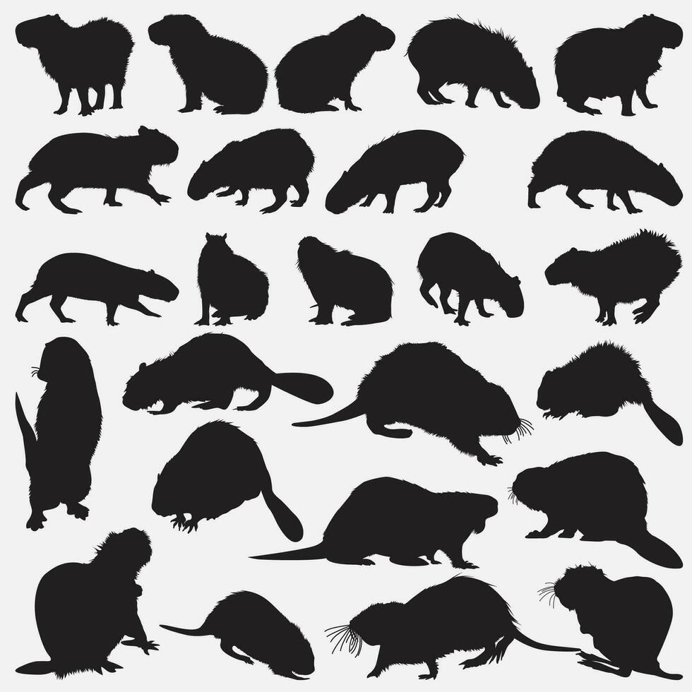 capybara beaver animal Silhouette Set vector