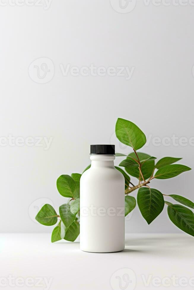 AI generated Blank cosmetic bottle with green leaves on white background photo