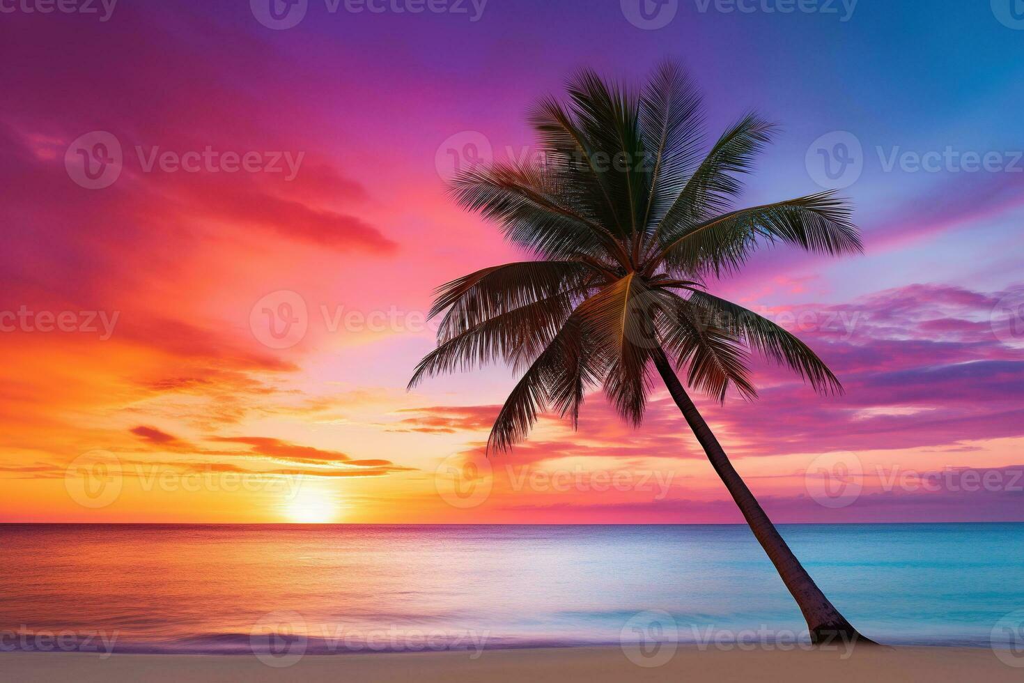 AI generated Beautiful nature tropical beach and sea with coconut palm tree at sunset time for travel and vacation photo