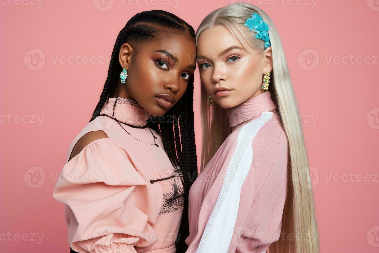 AI generated fashionable Two young multiracial women posing together isolated on pink background photo