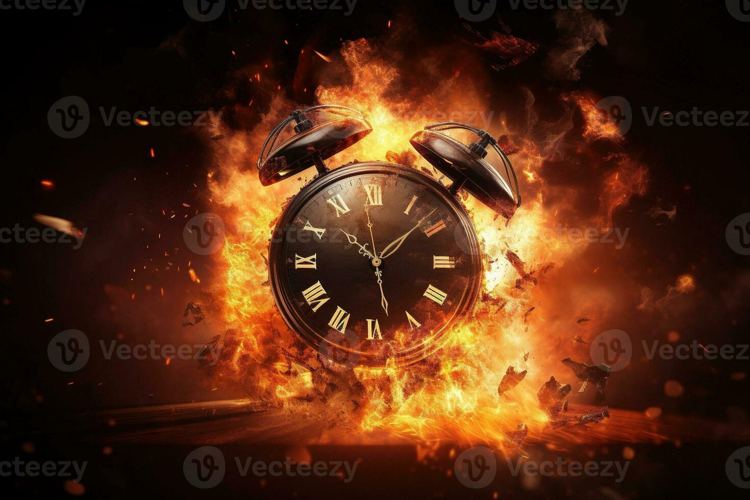 AI generated Alarm clock on fire background. Time is running out concept. photo