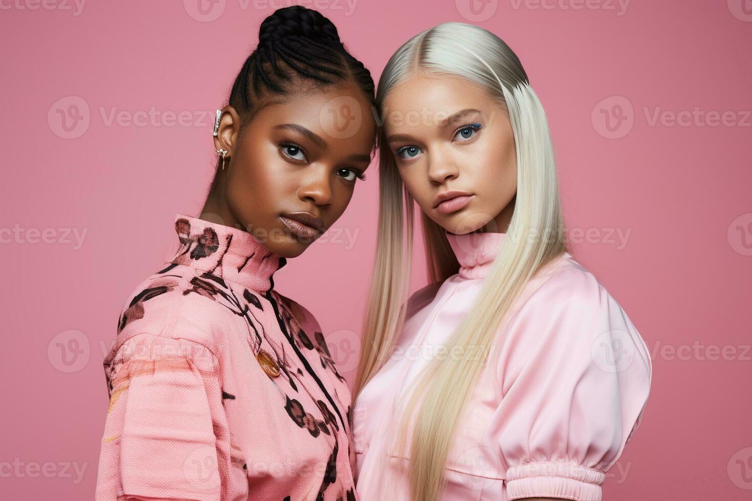AI generated fashionable Two young multiracial women posing together isolated on pink background photo
