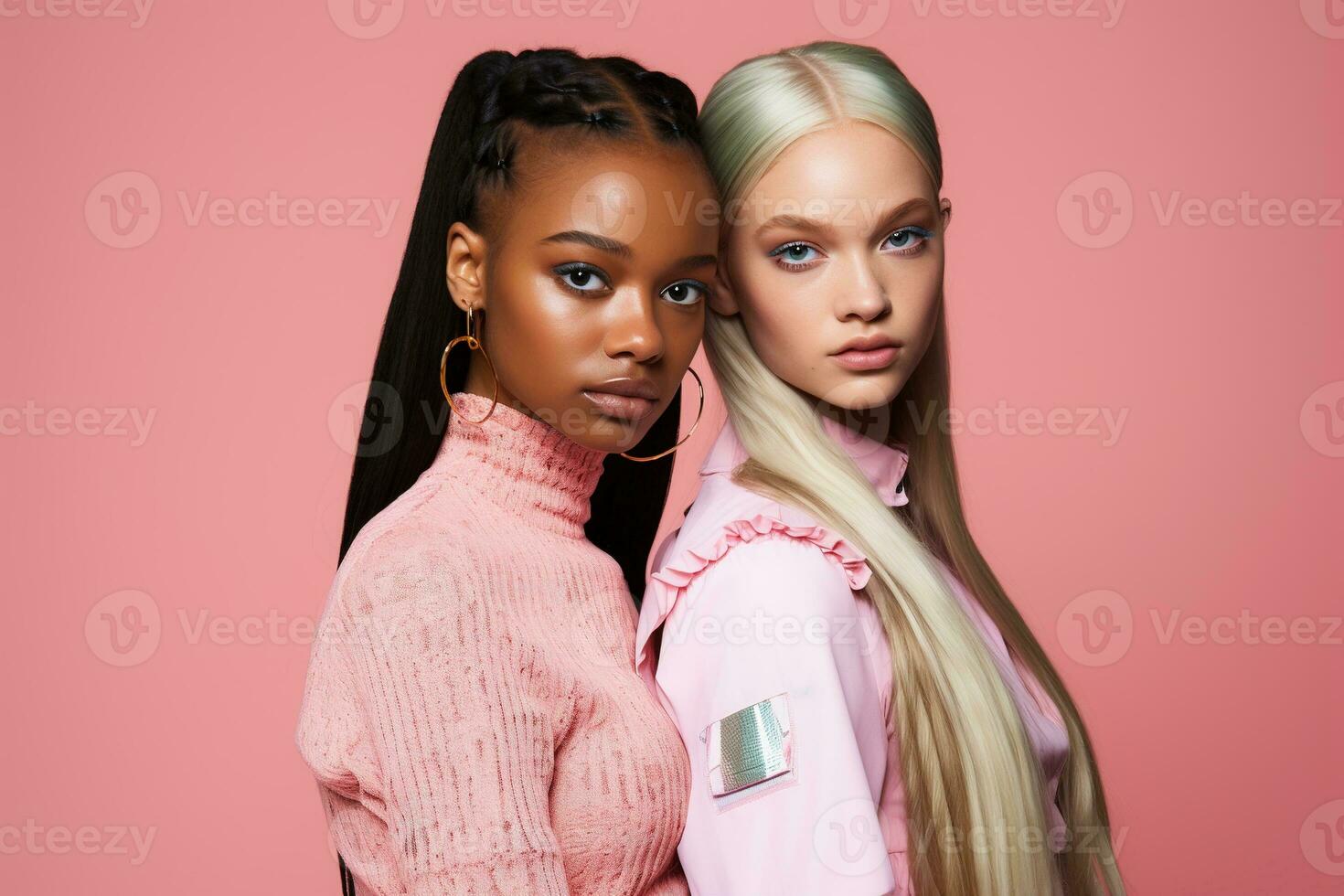AI generated fashionable Two young multiracial women posing together isolated on pink background photo