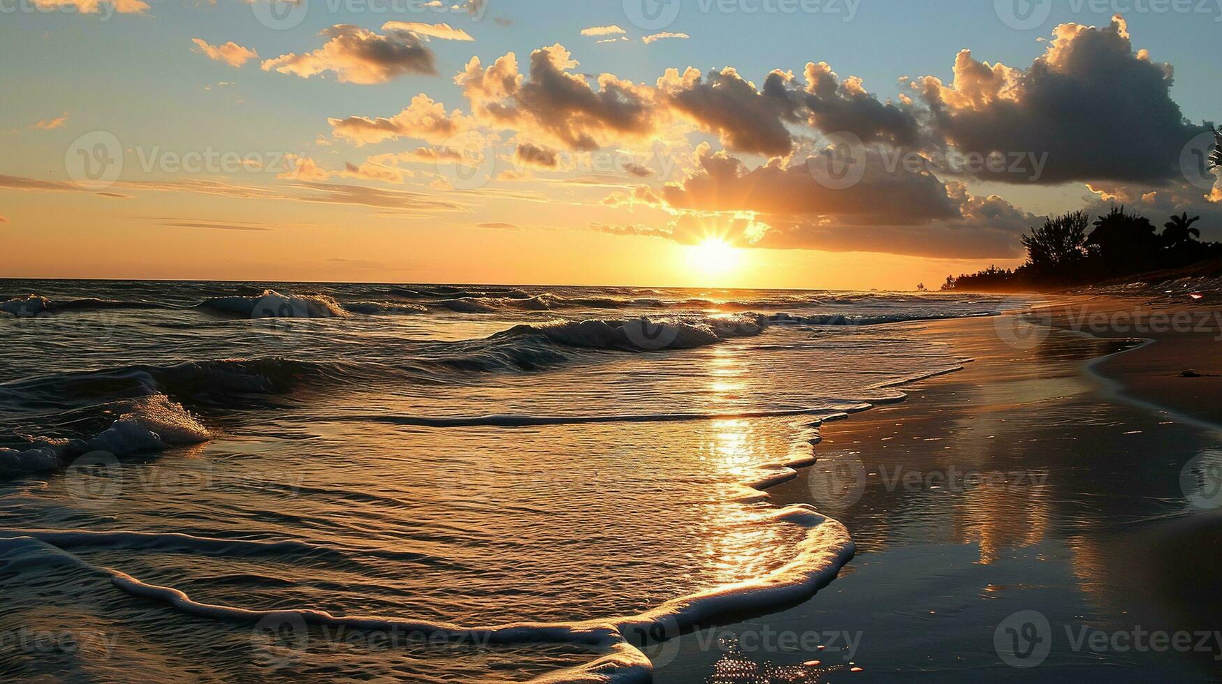 AI generated Beautiful sunset on the beach. Sea waves and splashes. photo