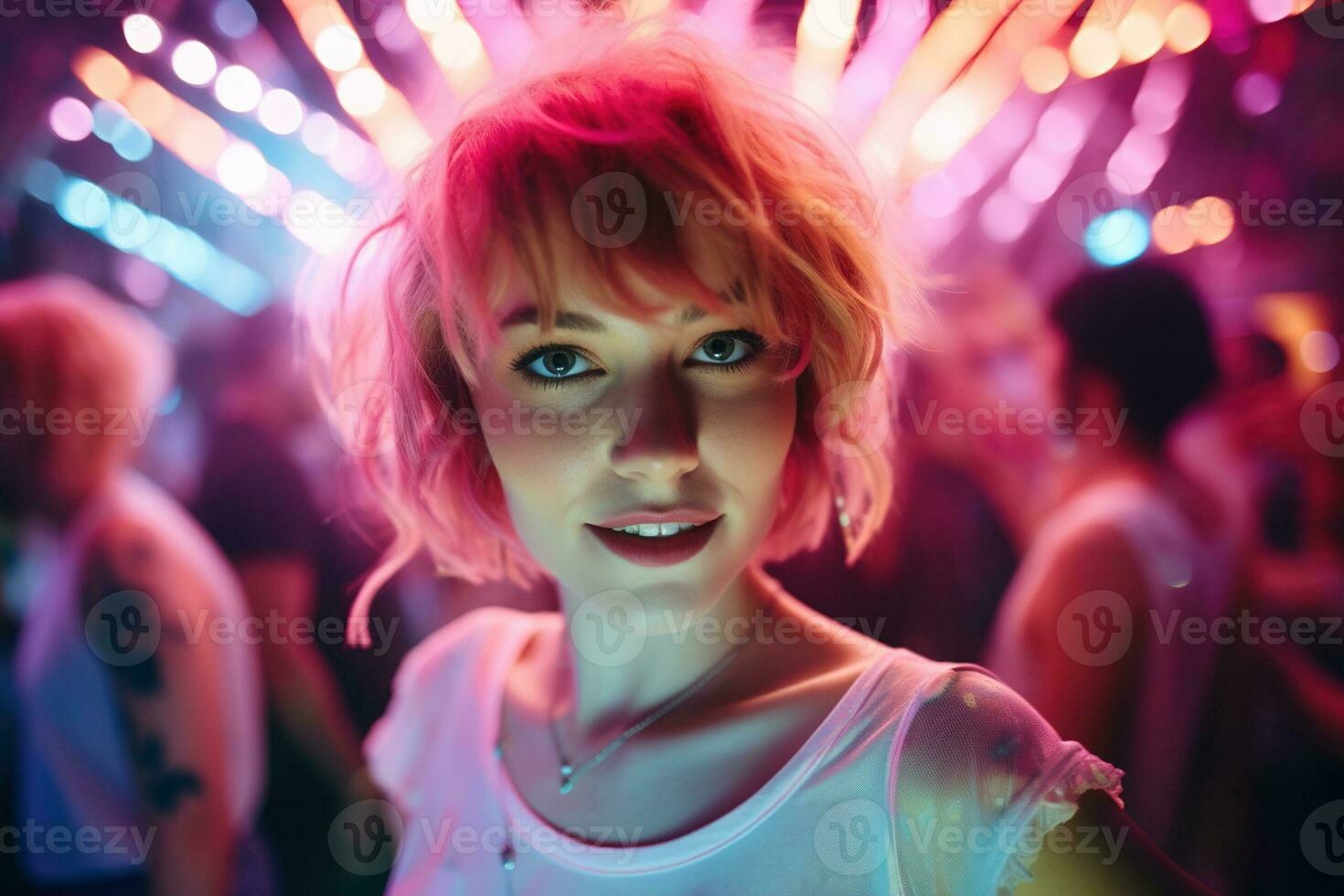 AI generated Portrait of a beautiful girl with short hair dancing in a nightclub photo