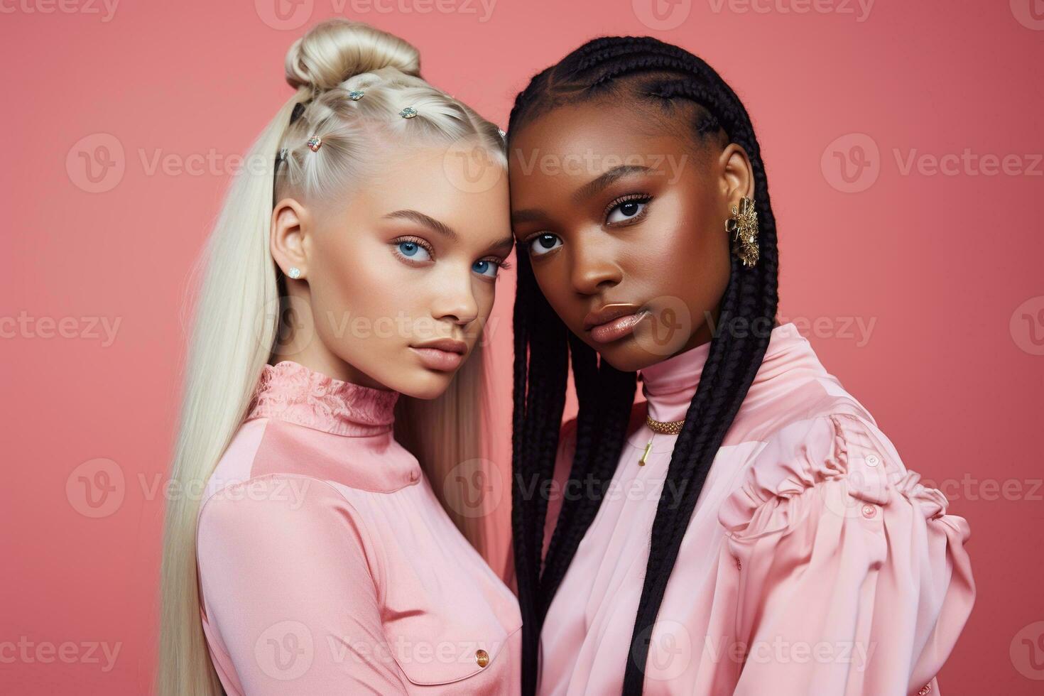AI generated fashionable Two young multiracial women posing together isolated on pink background photo