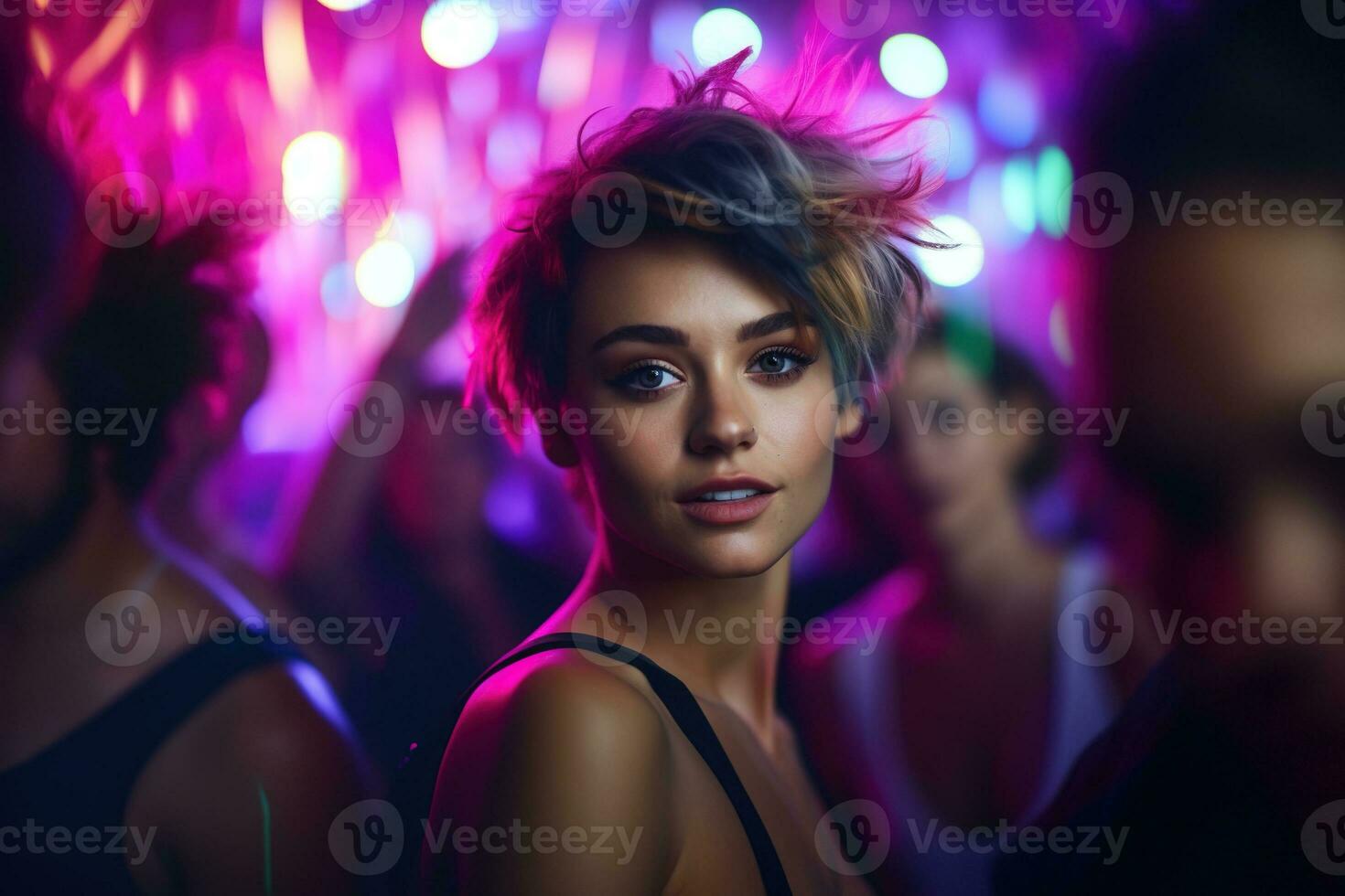 AI generated Portrait of a beautiful girl with short hair dancing in a nightclub photo