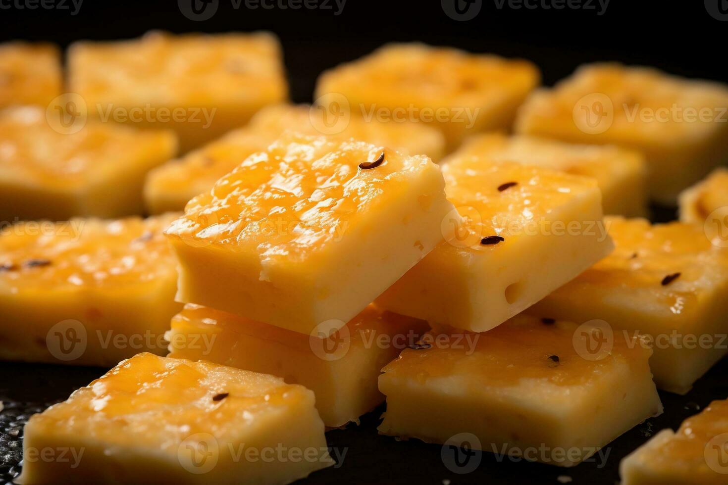 AI generated Close-up of a plate of yellow cheese cubes. photo