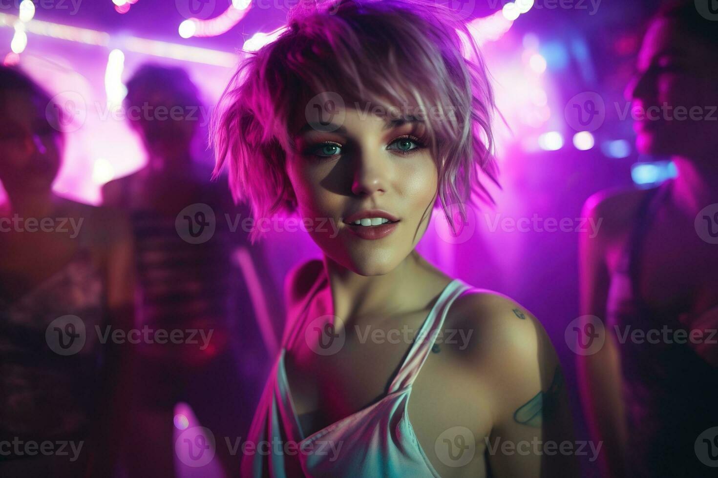 AI generated Portrait of a beautiful girl with short hair dancing in a nightclub photo