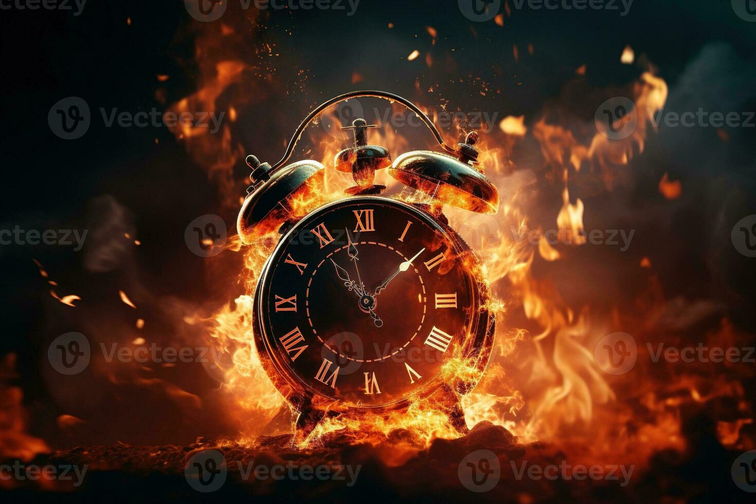AI generated Alarm clock on fire background. Time is running out concept. photo