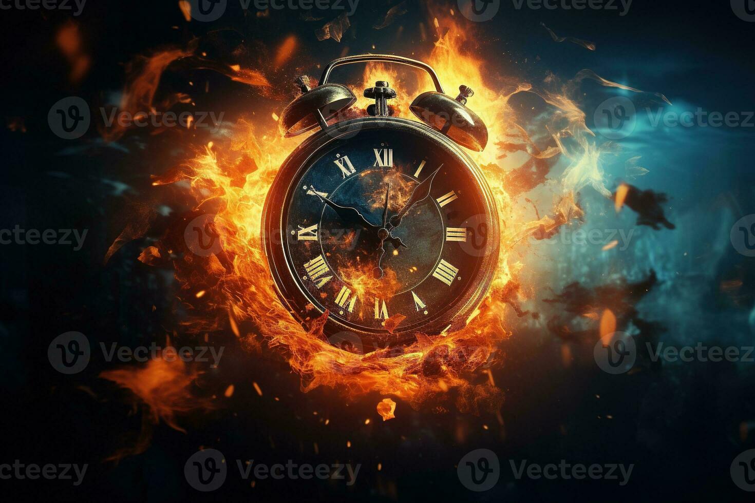 AI generated Alarm clock on fire background. Time is running out concept. photo