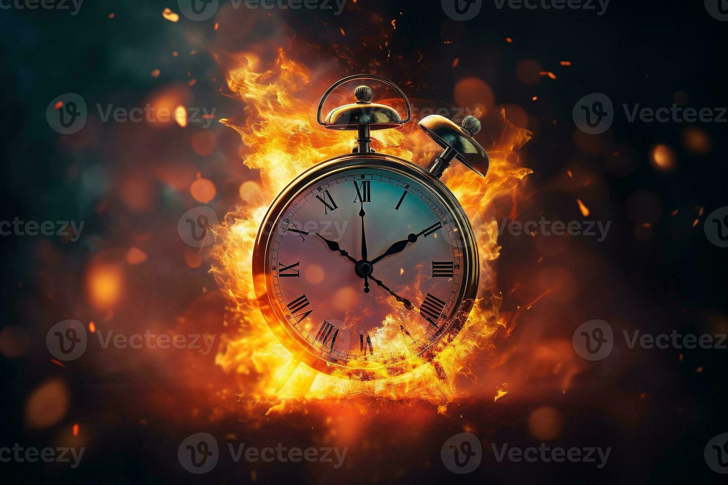 AI generated Alarm clock on fire background. Time is running out concept. photo