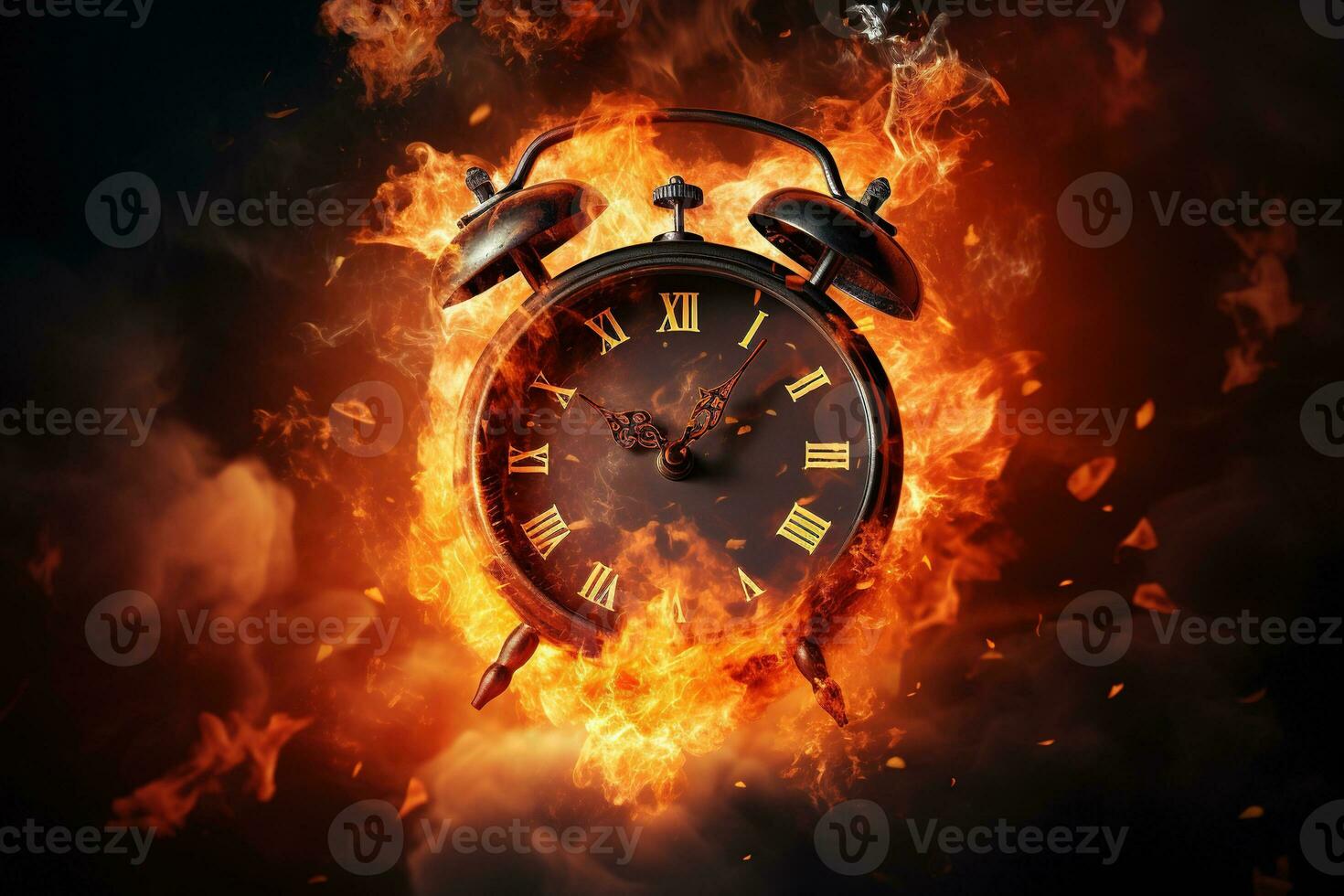 AI generated Alarm clock on fire background. Time is running out concept. photo