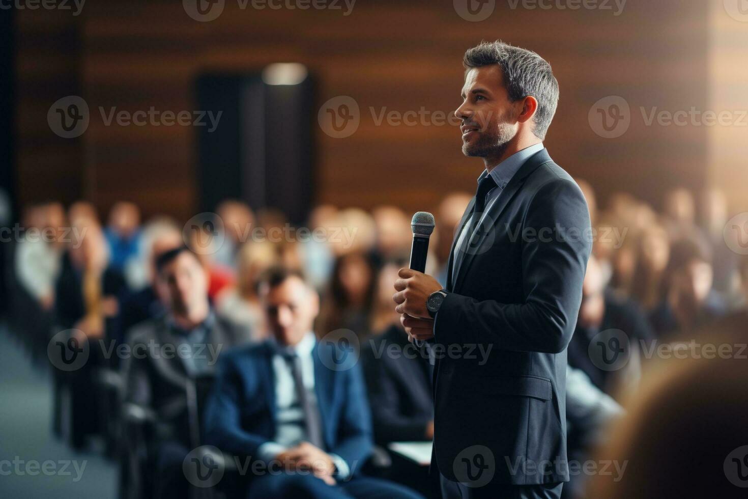 AI generated Speaker Giving a Talk at Business Conference. Audience at the conference hall. Business and Entrepreneurship. photo