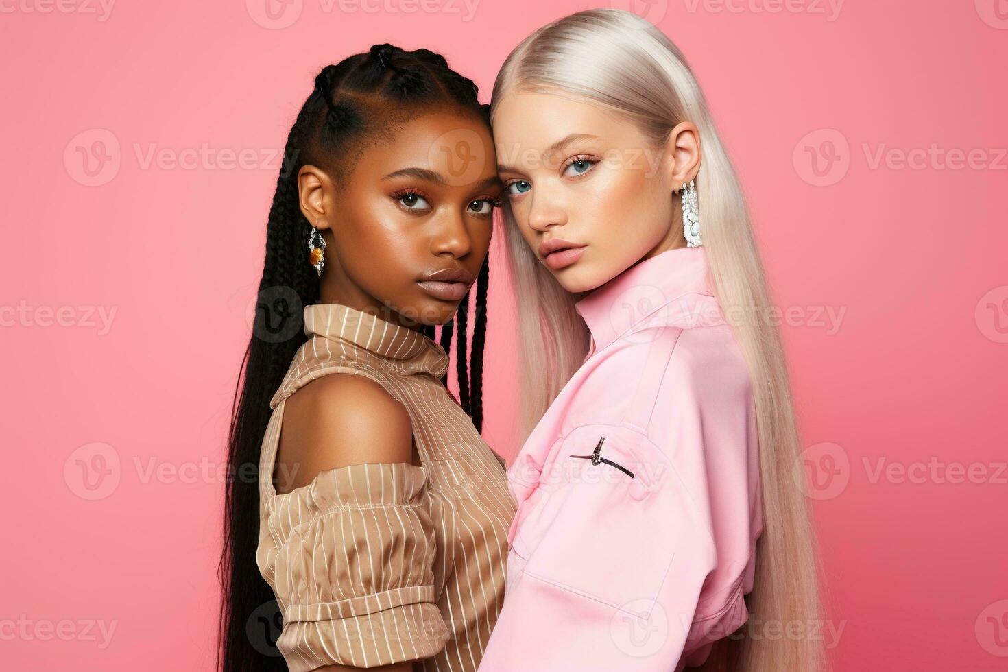 AI generated fashionable Two young multiracial women posing together isolated on pink background photo