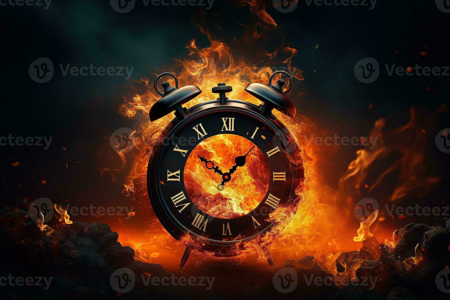 AI generated Alarm clock on fire background. Time is running out concept. photo