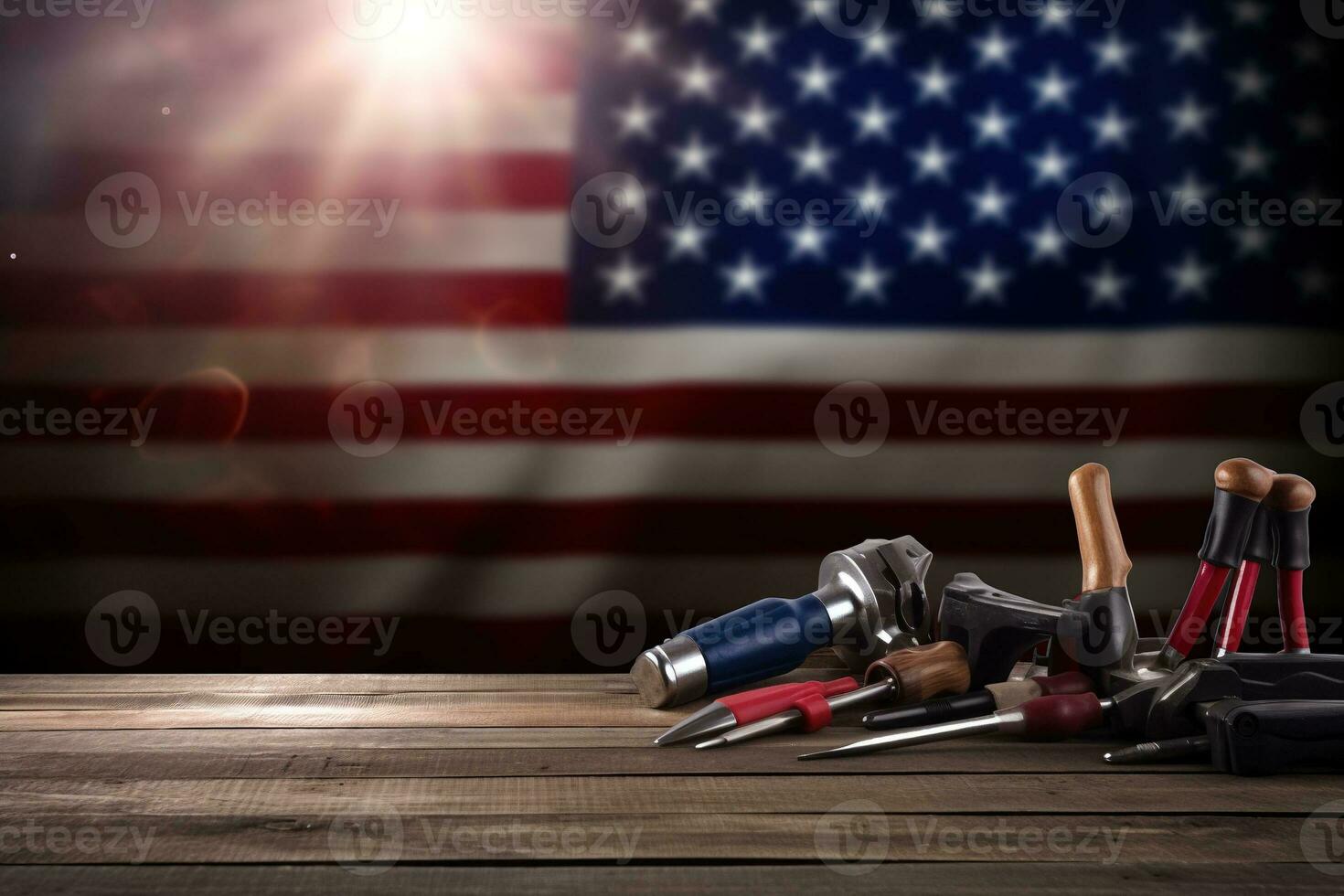 AI generated tools on a wooden table against the background of the American flag photo