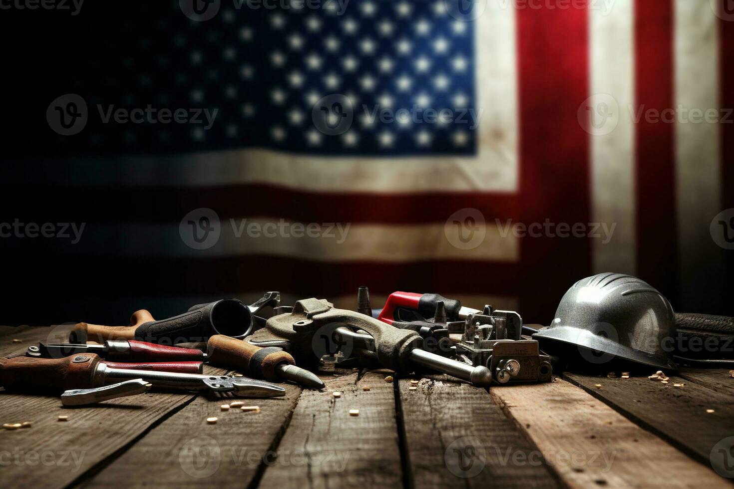 AI generated tools on a wooden table against the background of the American flag photo