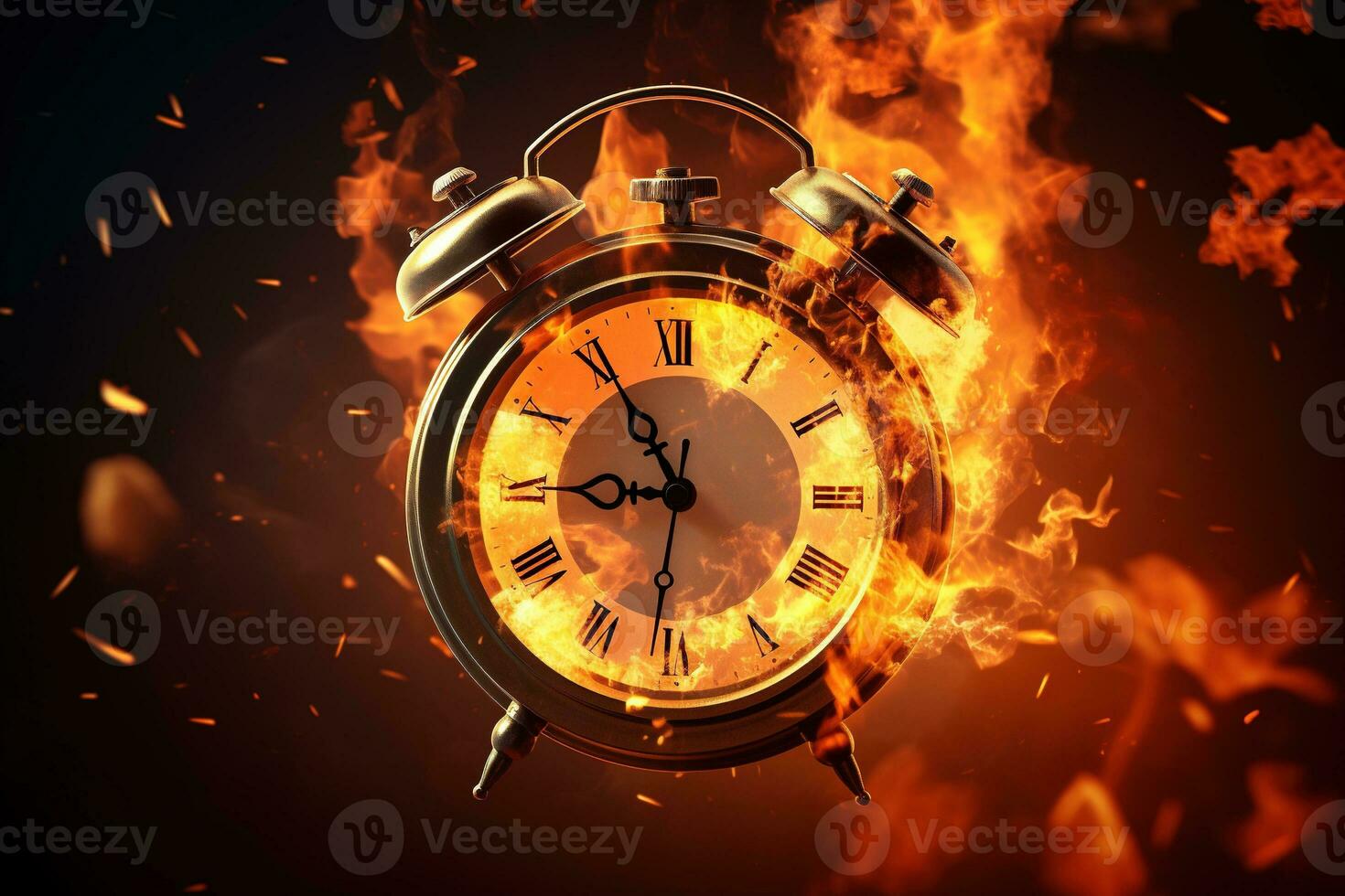 AI generated Alarm clock on fire background. Time is running out concept. photo