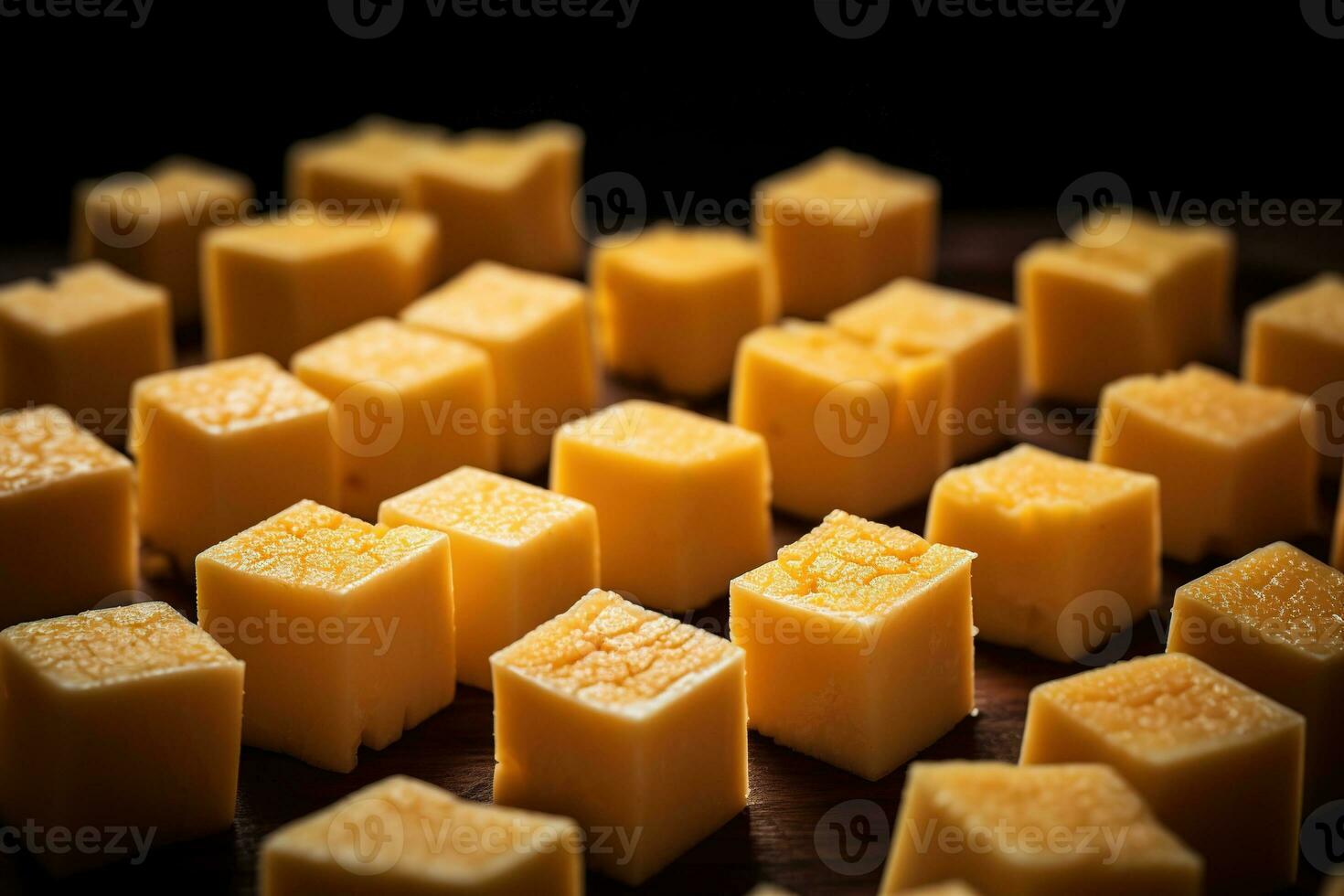 AI generated Close-up of a plate of yellow cheese cubes. photo
