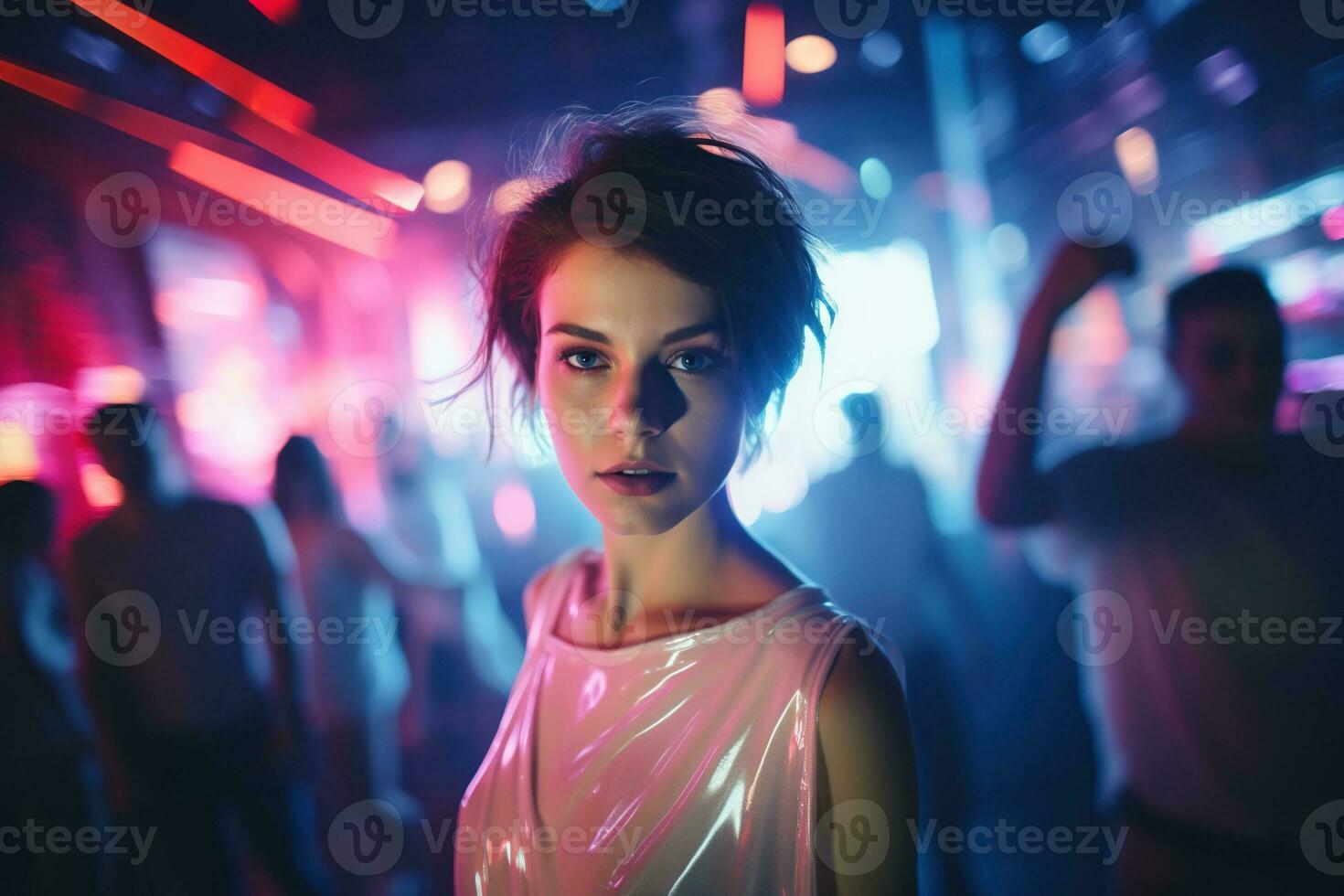 AI generated Portrait of a beautiful girl with short hair dancing in a nightclub photo