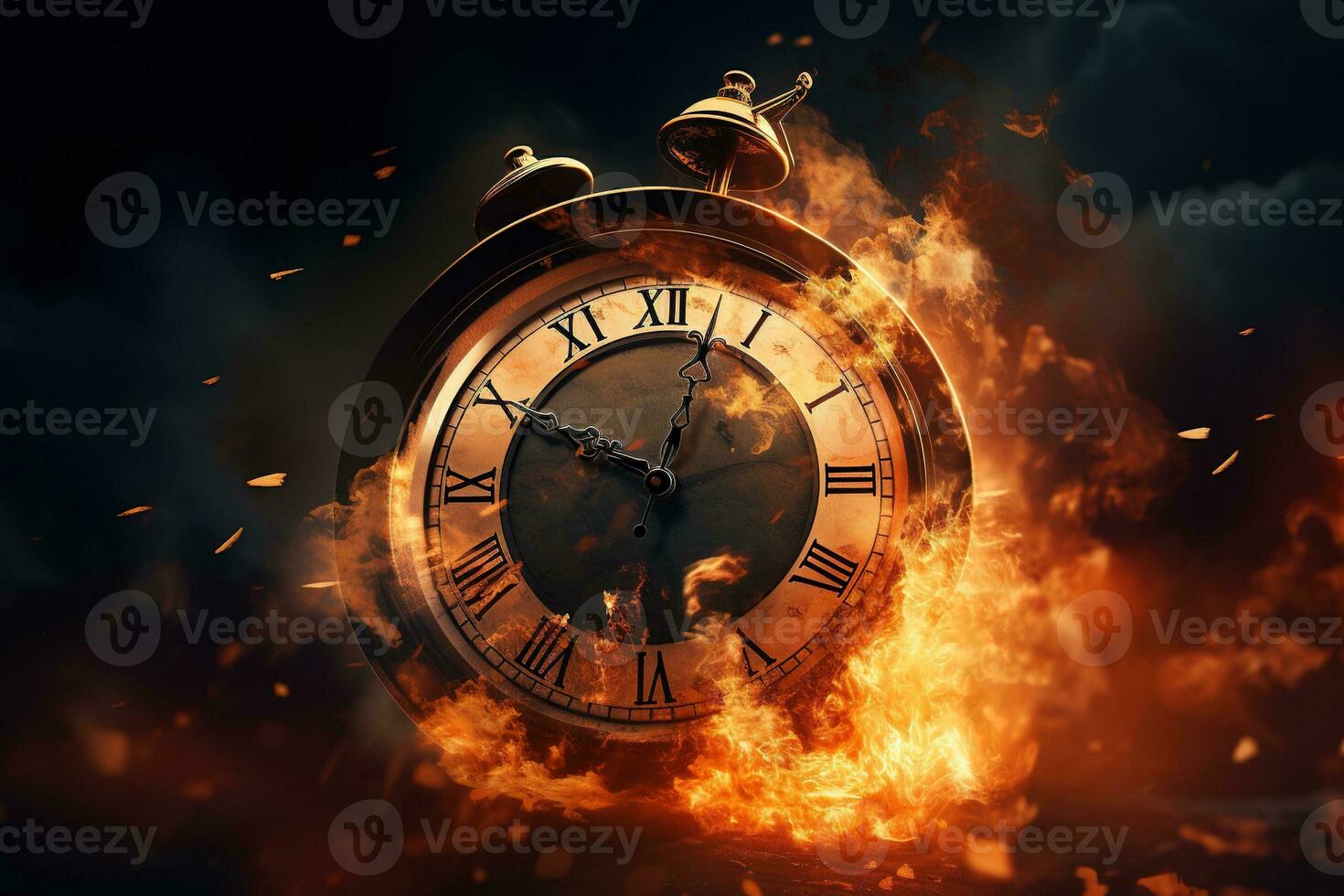 AI generated Alarm clock on fire background. Time is running out concept. photo