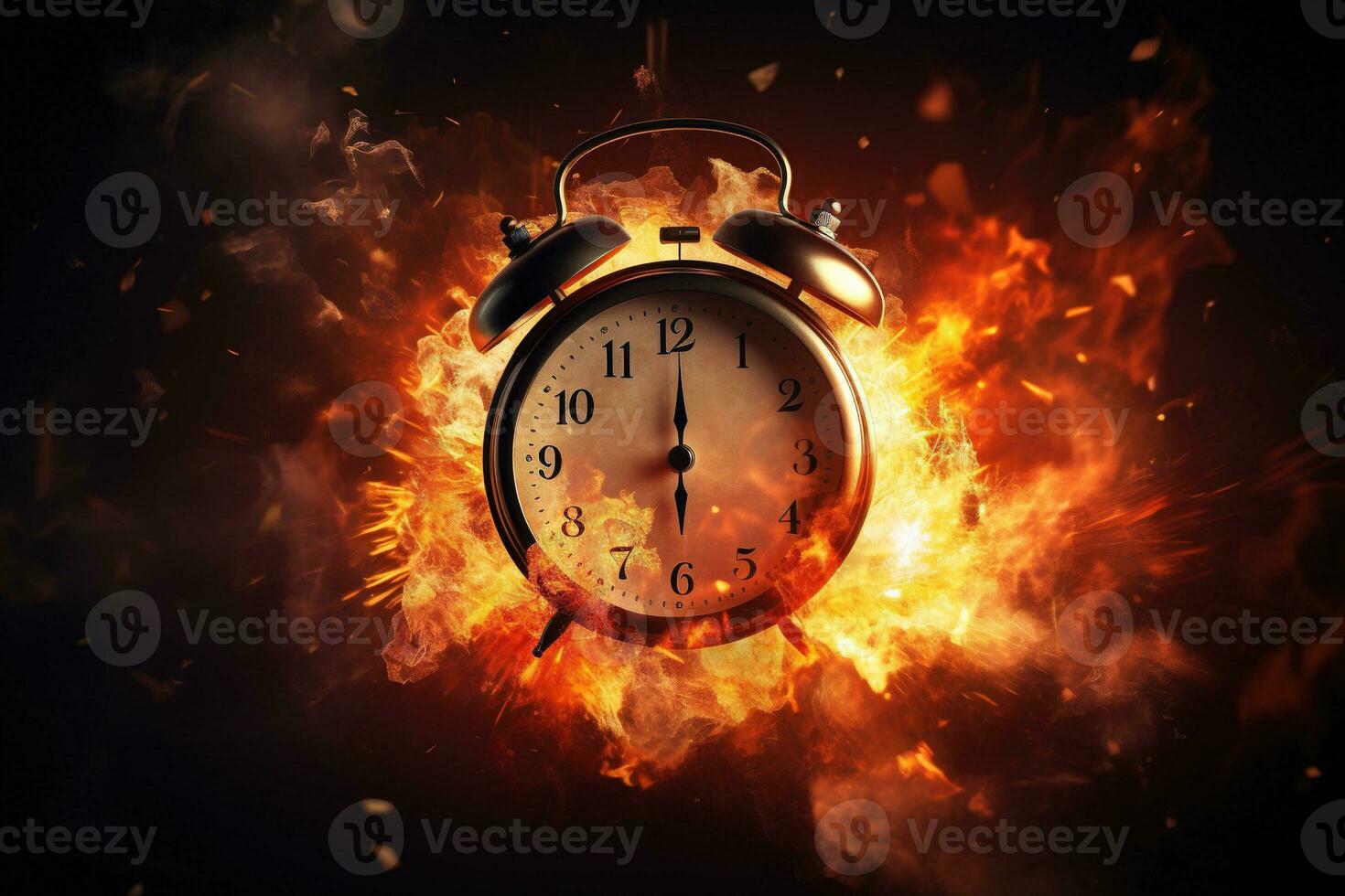 AI generated Alarm clock on fire background. Time is running out concept. photo