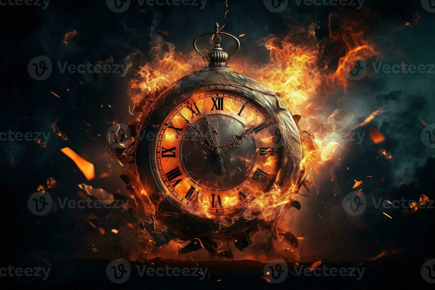 AI generated Alarm clock on fire background. Time is running out concept. photo