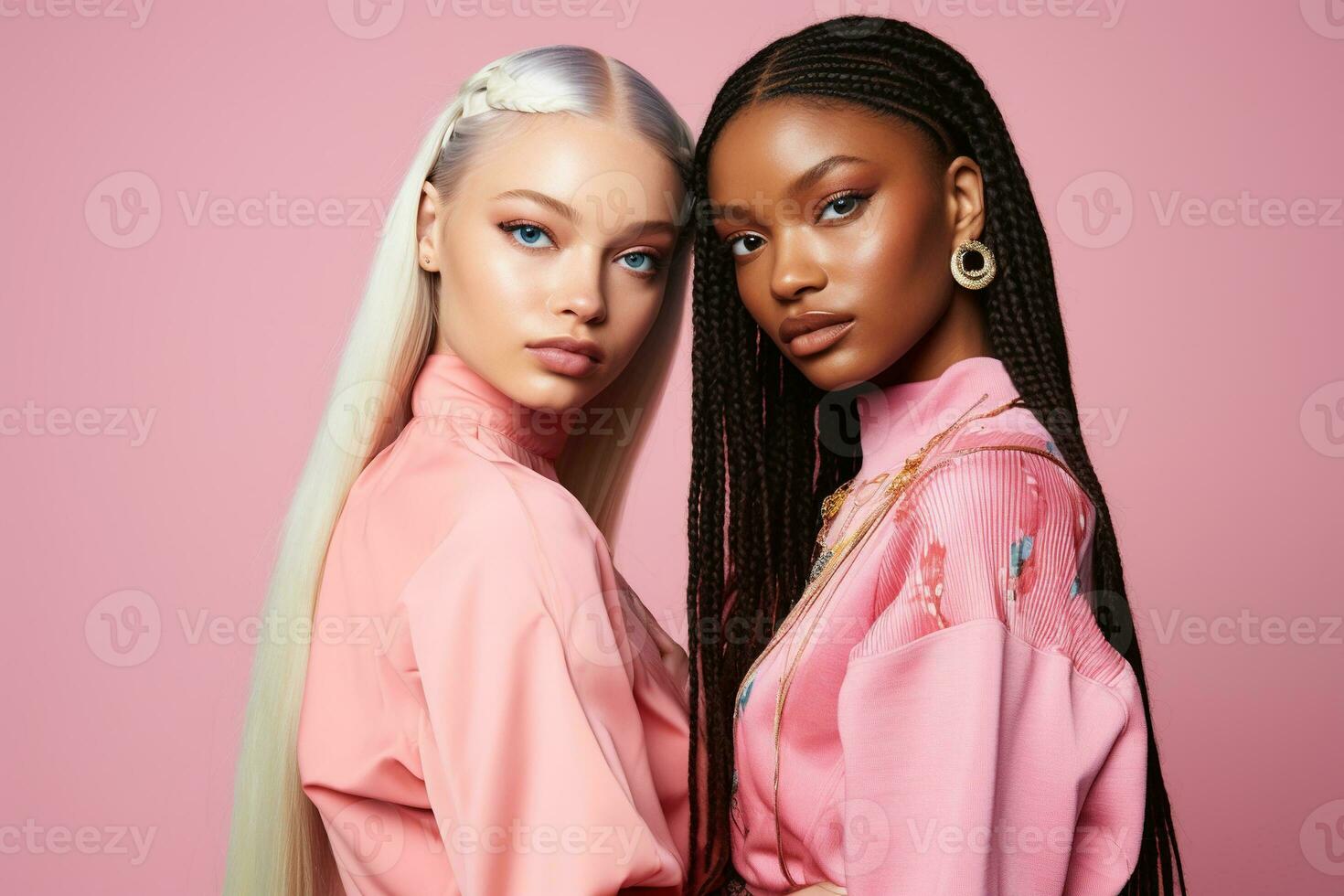 AI generated fashionable Two young multiracial women posing together isolated on pink background photo