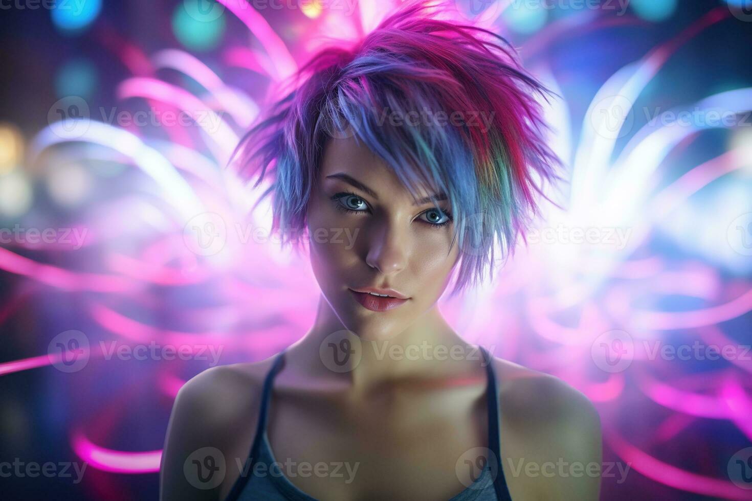 AI generated Portrait of a beautiful girl with short hair dancing in a nightclub photo