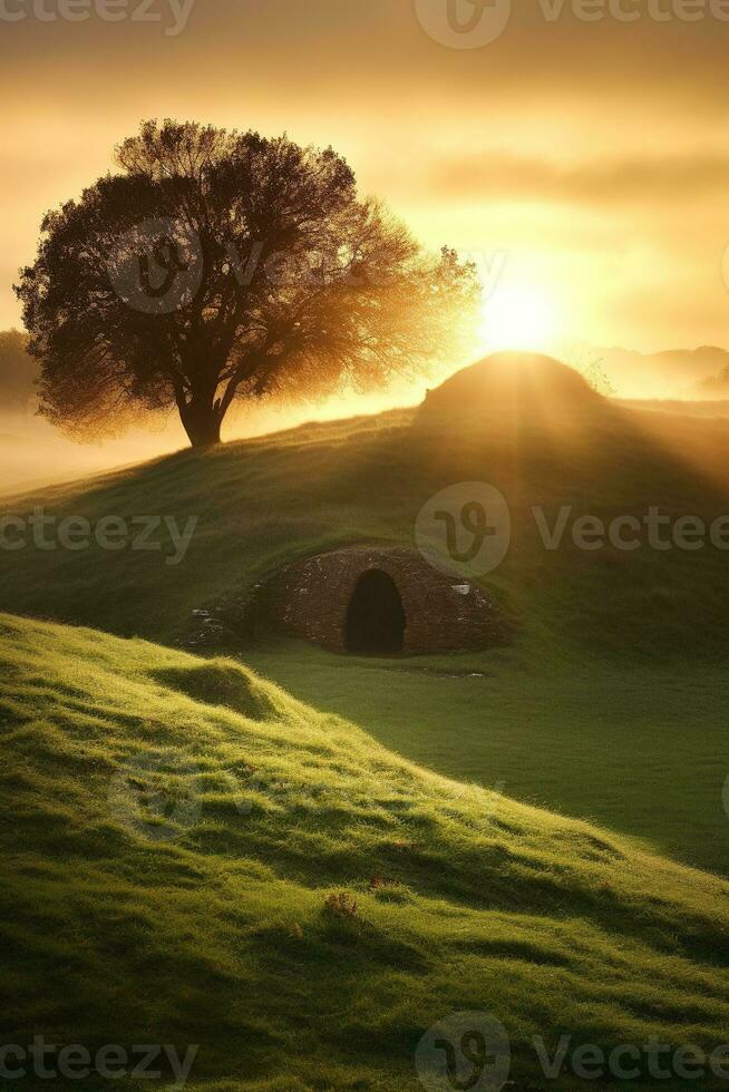 ai generado amanecer terminado un megalítico tumba foto